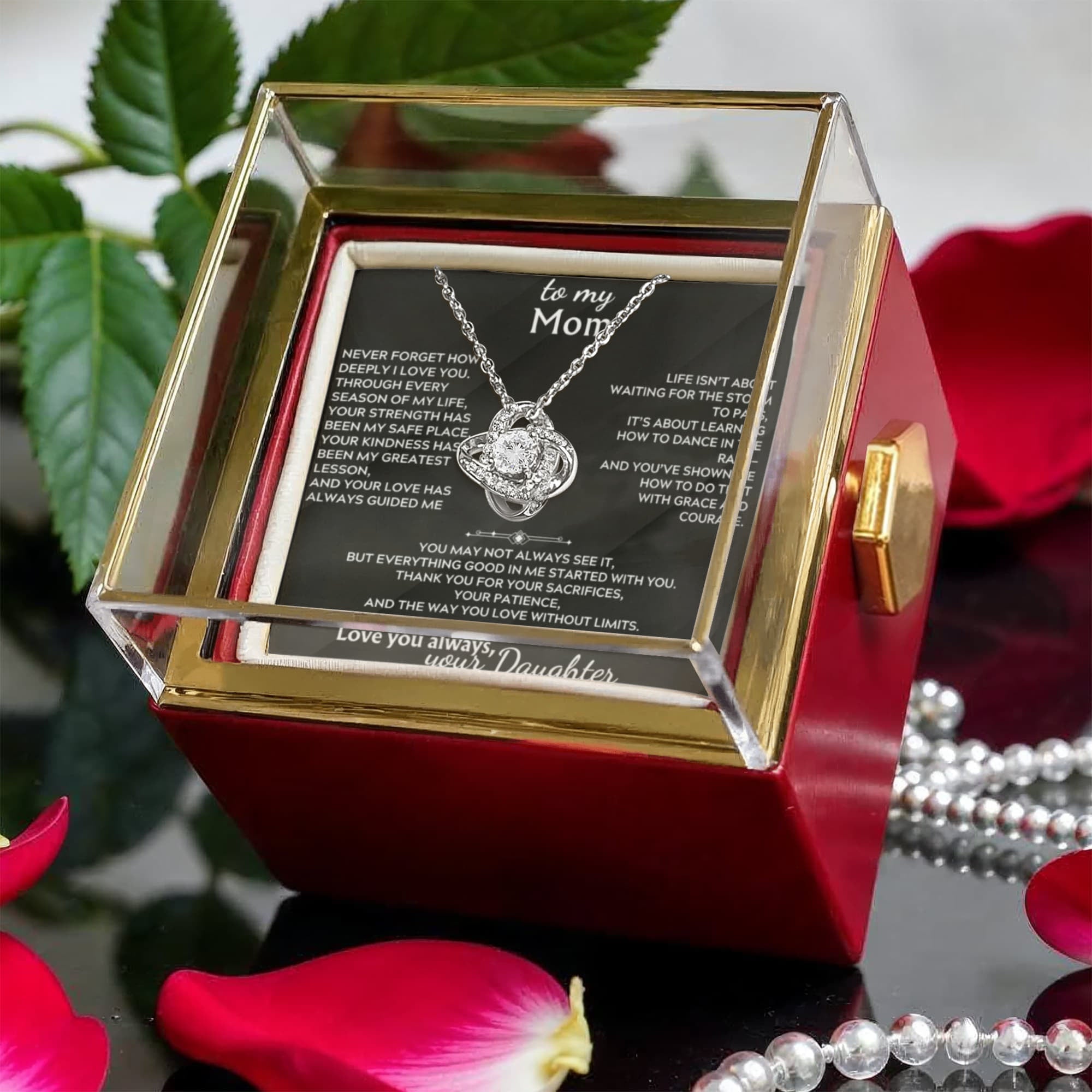Gift for Mom Love Knot Necklace – Rose Gift Box Set